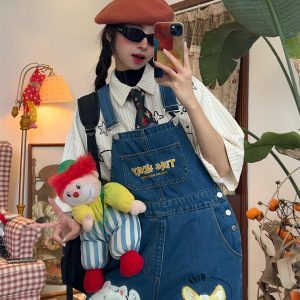 Unisex Loose Fit Denim Overalls with Fun Dog Print - Japanese Style Cute Jumpsuit for Men and Women - Vintage 90s Trend