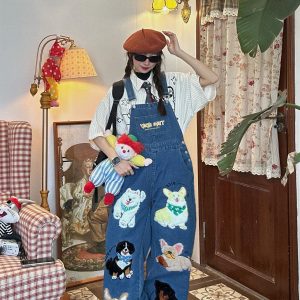 Unisex Loose Fit Denim Overalls with Fun Dog Print - Japanese Style Cute Jumpsuit for Men and Women - Vintage 90s Trend