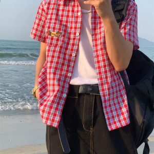 Unisex Slim Fit Dog Embroidery Short Sleeve Shirt - Versatile Vintage Plaid Top for Summer Casual Style