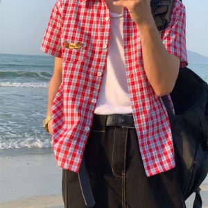 Unisex Slim Fit Dog Embroidery Short Sleeve Shirt - Versatile Vintage Plaid Top for Summer Casual Style