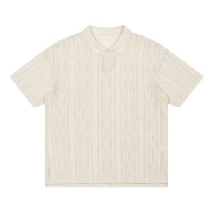 Unisex Vintage American-Style Textured Jacquard Polo Shirt - Summer Loose Casual Short Sleeve for Men & Women