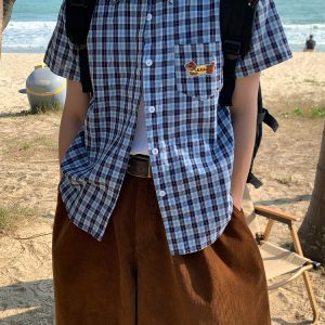 Unisex Vintage Plaid Short Sleeve Shirt with Dog Embroidery - Slim Fit Versatile 90s Style Top for Casual Outfits