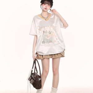 V-Neck Cartoon Print Short Sleeve T-Shirt for Women - Summer Loose Fit American Style, Trendy Niche Design