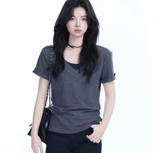 V-Neck Short Sleeve T-Shirt for Women - Solid Color Gray Minimalist Casual Top, Trendy Lazy Style Fashion Essential