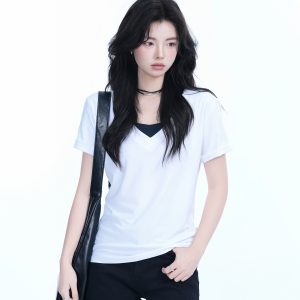 V-Neck Short Sleeve T-Shirt for Women - Solid Color Gray Minimalist Casual Top, Trendy Lazy Style Fashion Essential