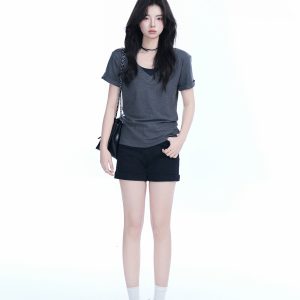 V-Neck Short Sleeve T-Shirt for Women - Solid Color Gray Minimalist Casual Top, Trendy Lazy Style Fashion Essential