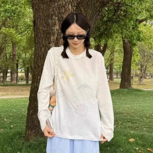 Versatile Long-Sleeve Dolphin Cartoon Print Sun Protection Cover-Up - Slightly Sheer Snowflake Cotton, Casual Korean Style for Women