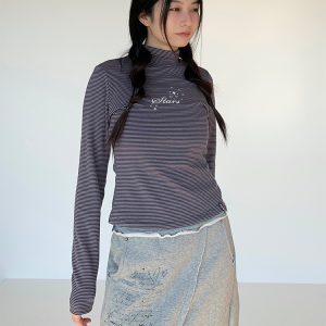 Versatile Striped High Neck Long Sleeve T-Shirt for Women - Autumn Winter Fashion Essential, Cozy Layering Top