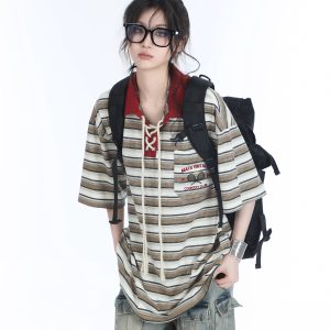 Vintage American Color-Blocked Striped Polo Shirt for Women - Unique Design, Loose Fit, Short Sleeves, 90s Retro Style
