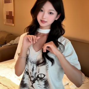 Vintage American Heavyweight Cat Face Print T-Shirt for Women - Summer V-Neck Short Sleeve Loose Fit White Top