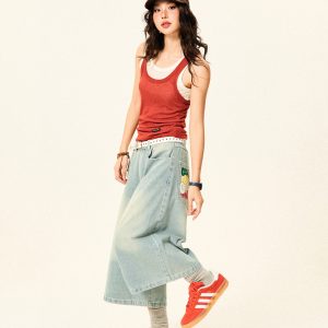 Vintage American Letter Embroidery Washed Denim Shorts for Women - Casual Loose Straight Cropped Pants, 90s Style