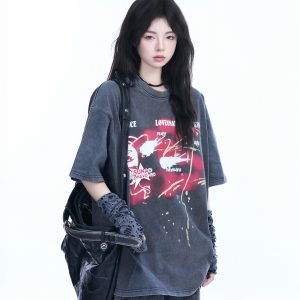 Vintage American-Style Oversized Short-Sleeve T-Shirt for Women - "Sit and Eat Until the Mountains Are Empty" - Trendy Loose Fit