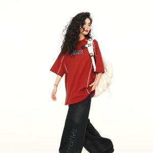 Vintage American Unisex Short Sleeve T-Shirt in Red - Trendy Loose Fit Couple Tee for Y2K Style Lovers
