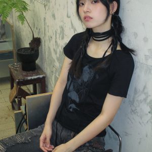 Vintage Black Butterfly Print Tie-Up Cotton T-Shirt for Women - Slim Fit Short Sleeve Summer Top in Sweet and Spicy Style