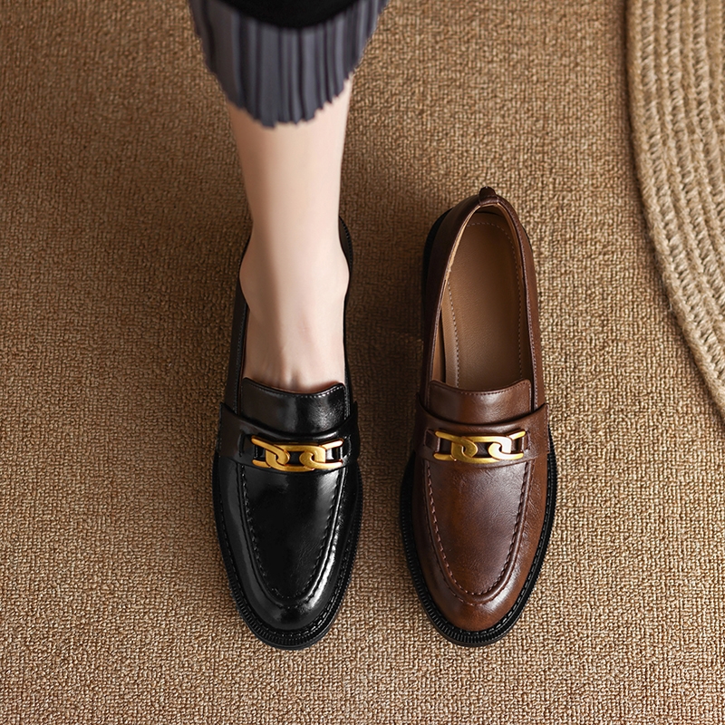 Vintage Brown Metal Buckle Loafers for Women - Versatile Leather Shoes, 2025 Trend, Y2K Inspired Fashion