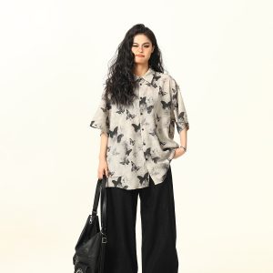 Vintage Butterfly Print Short Sleeve Shirt for Women - Retro American Style Summer Top, 90s Inspired Fashion