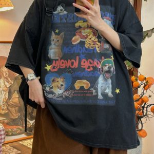 Vintage Cartoon Cat and Dog Print Half Sleeve T-Shirt for Women, Washed Distressed Loose Style, 90s Inspired Casual Top