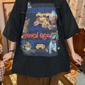 Vintage Cartoon Cat and Dog Print Half Sleeve T-Shirt for Women, Washed Distressed Loose Style, 90s Inspired Casual Top