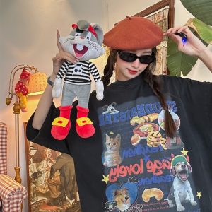 Vintage Cartoon Cat and Dog Print Short Sleeve T-Shirt, Washed Distressed Loose Fit Top for Women, Y2K Inspired Fashion