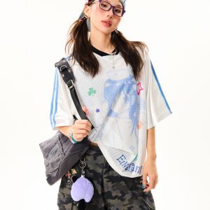Vintage Cartoon Girl Jersey Short Sleeve T-Shirt for Women - Loose Fit V-Neck Top, Summer Casual Style