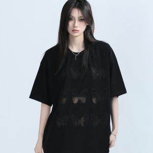 Vintage Carved Hollow Butterfly Embroidery Black Short Sleeve T-Shirt for Women - Summer Loose Fit, Y2K Ins Style