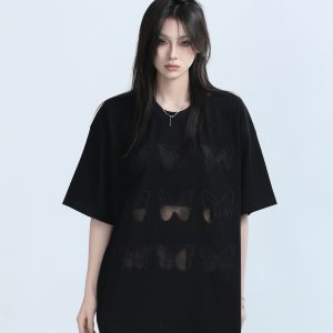 Vintage Carved Hollow Butterfly Embroidery Black Short Sleeve T-Shirt for Women - Summer Loose Fit, Y2K Ins Style