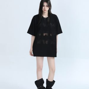 Vintage Carved Hollow Butterfly Embroidery Black Short Sleeve T-Shirt for Women - Summer Loose Fit, Y2K Ins Style