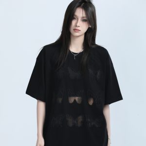 Vintage Carved Hollow Butterfly Embroidery Black Short Sleeve T-Shirt for Women - Summer Loose Fit, Y2K Ins Style