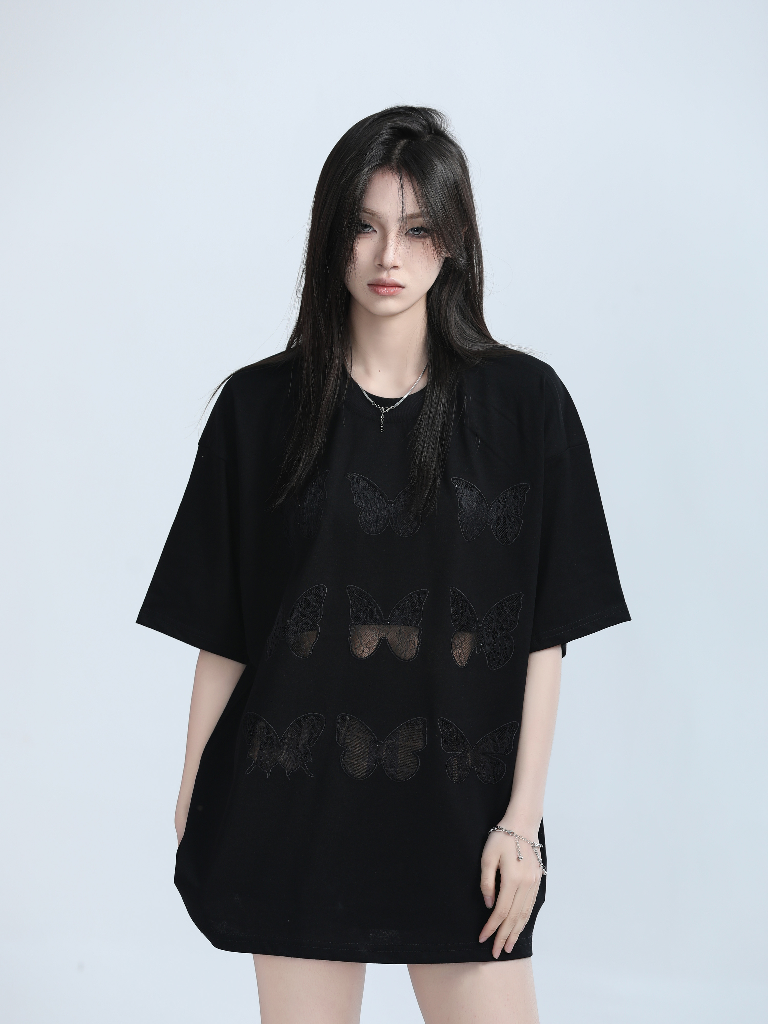 Vintage Carved Hollow Butterfly Embroidery Black Short Sleeve T-Shirt for Women - Summer Loose Fit, Y2K Ins Style