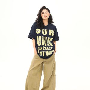 Vintage Distressed Letter Print Short Sleeve T-Shirt for Women, Trendy Loose Fit American Style, Versatile Casual Couple Top