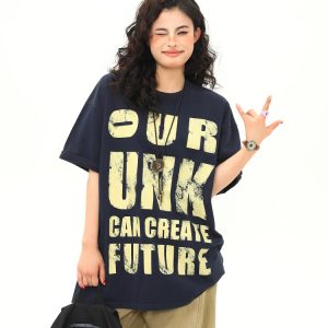 Vintage Distressed Letter Print Short Sleeve T-Shirt for Women, Trendy Loose Fit American Style, Versatile Casual Couple Top