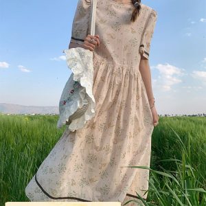 Vintage Floral Dress for Women - Retro Forest Style Loose Short Sleeve Cotton Long Dress for Summer, Boho Chic 90s Look