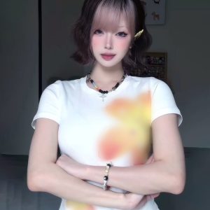 Vintage Floral Print Shoulder T-Shirt for Women, White Summer Short Sleeve Slim Fit Top, Sexy 90s Style