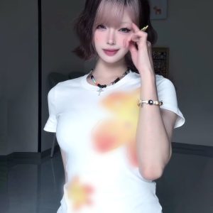 Vintage Floral Print Shoulder T-Shirt for Women, White Summer Short Sleeve Slim Fit Top, Sexy 90s Style