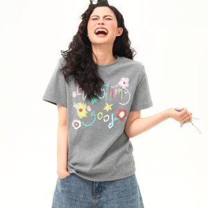 Vintage Floral Print Women's Shoulder T-Shirt, Slightly Loose Fit, Slimming Short Sleeves, Trendy Y2K Style Top for Women