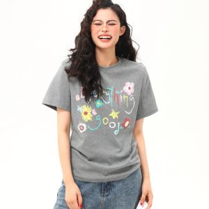 Vintage Floral Print Women's Shoulder T-Shirt, Slightly Loose Fit, Slimming Short Sleeves, Trendy Y2K Style Top for Women