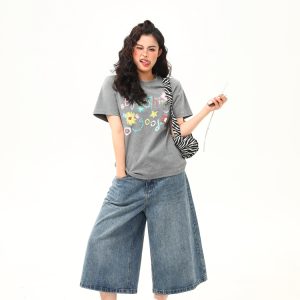 Vintage Floral Print Women's Shoulder T-Shirt, Slightly Loose Fit, Slimming Short Sleeves, Trendy Y2K Style Top for Women