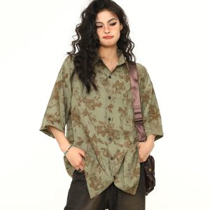 Vintage Floral Short Sleeve Shirt for Women - Retro American Style, Loose Fit, Trendy Summer Top, 90s Inspired Fashion