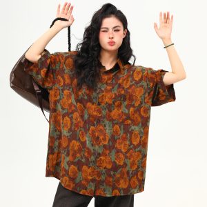 Vintage Floral Short Sleeve Shirt for Women - Retro Loose Fit Summer Top, Trendy Personality Style, 90s Inspired Fashion