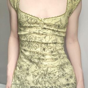 Vintage Floral Vest for Women - Retro Charm Backless Mesh Spaghetti Straps with Low Square Neck - Summer 90s Style