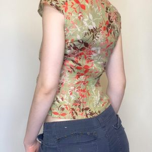 Vintage French Style Lace-Up Short Sleeve Top for Women - Dappled Branch Shadows Low V-Neck Waist-Defined T-Shirt - Summer Fashion
