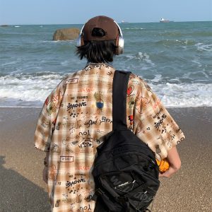 Vintage Graffiti Checkered Short Sleeve Shirt for Men and Women - Summer 90s Half Sleeve Top