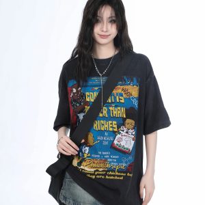 Vintage Gray Heavy-Duty Short Sleeve T-Shirt for Women – Loose Fit American High Street Summer Top Trend