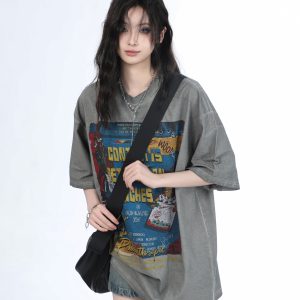 Vintage Gray Heavy-Duty Short Sleeve T-Shirt for Women – Loose Fit American High Street Summer Top Trend