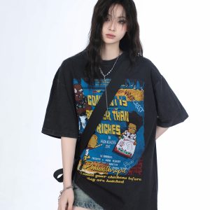Vintage Gray Heavy-Duty Short Sleeve T-Shirt for Women – Loose Fit American High Street Summer Top Trend