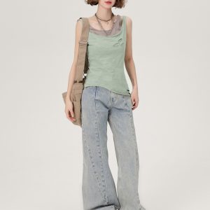 Vintage Green Fake Two-Piece Cami Top for Women - Summer Hot Girl Style, Ripped Design, Trendy Niche Fashion