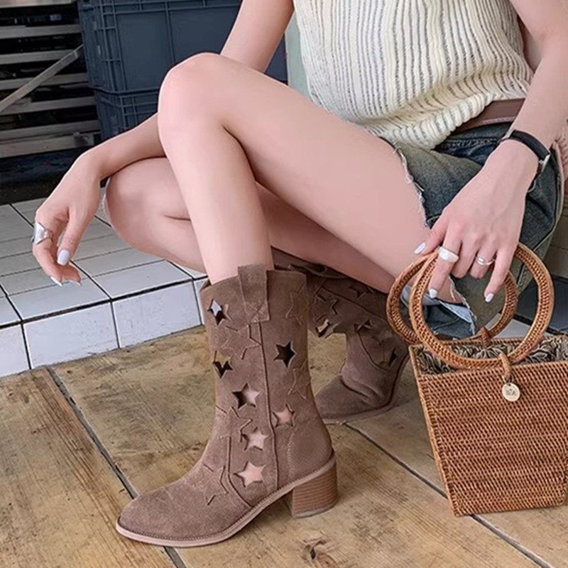 Vintage Hollow Out Western Cowboy Boots for Women, Star Genuine Leather, Versatile Chunky Heel, Y2K Style Martin Boots