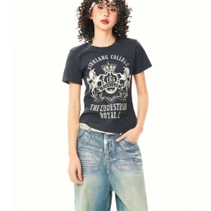 Vintage-Inspired American Printed Short Sleeve T-Shirt for Women - Summer Slim Fit Casual Top