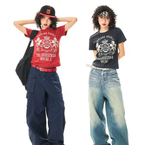 Vintage-Inspired American Printed Short Sleeve T-Shirt for Women - Summer Slim Fit Casual Top