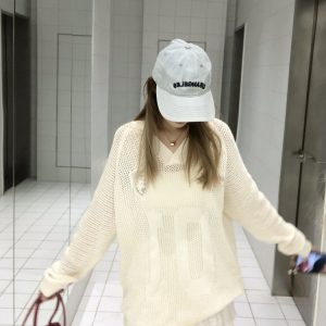 Vintage-Inspired Loose Fit V-Neck Sweater with Digital Print, Long Sleeve Knitted Top, Ballet Style Hollow Design